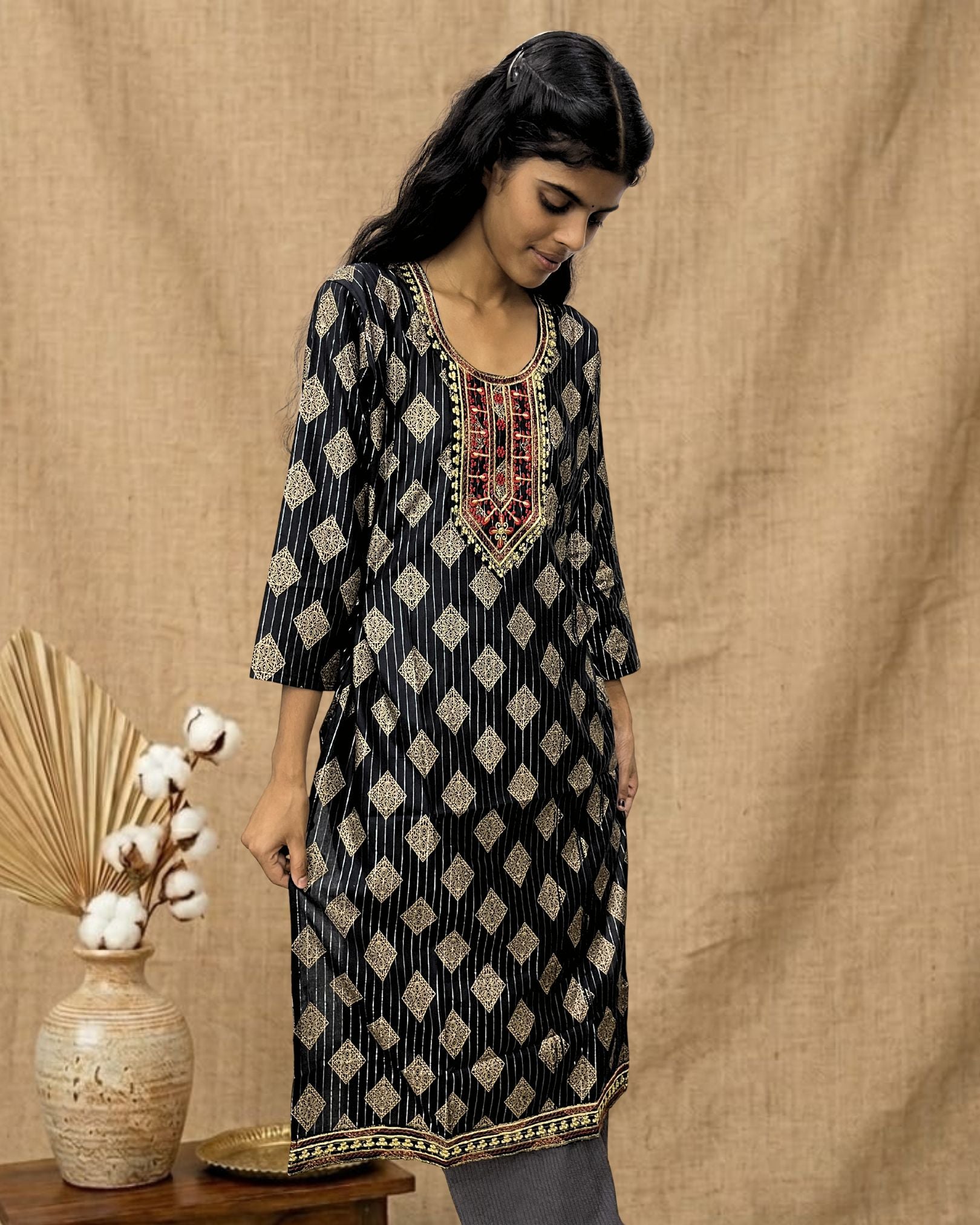 ZUNMA, Black and Gold Foil Printed Straight Kurta with Embroidered Neckline