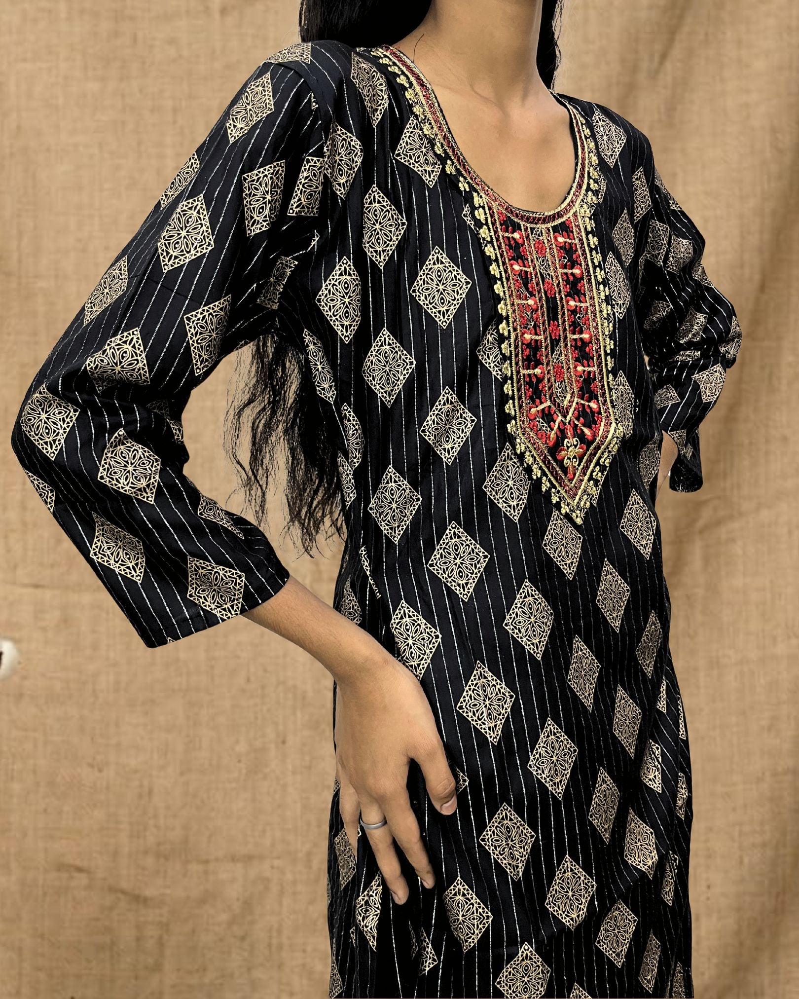 ZUNMA, Black and Gold Foil Printed Straight Kurta with Embroidered Neckline