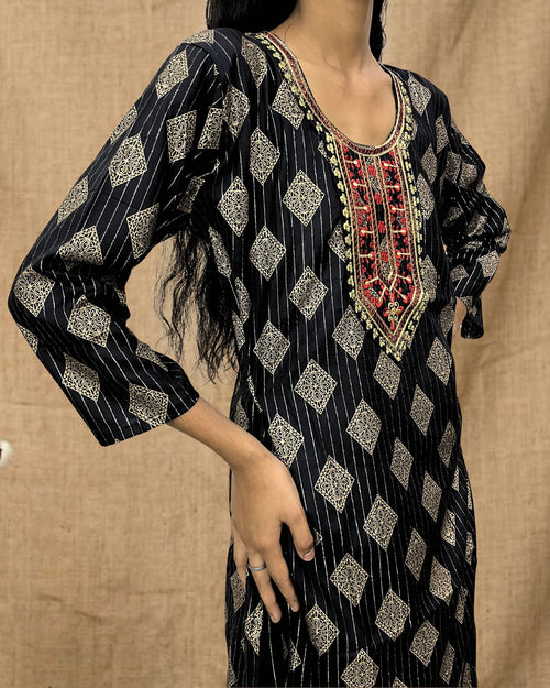 ZUNMA, Black and Gold Foil Printed Straight Kurta with Embroidered Neckline