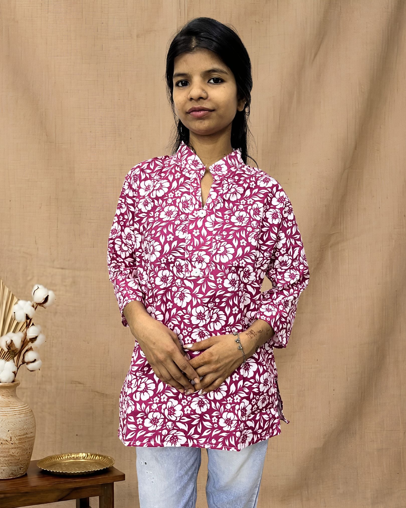 ZUNMA, Pink and White Floral Printed Cotton Short Kurti