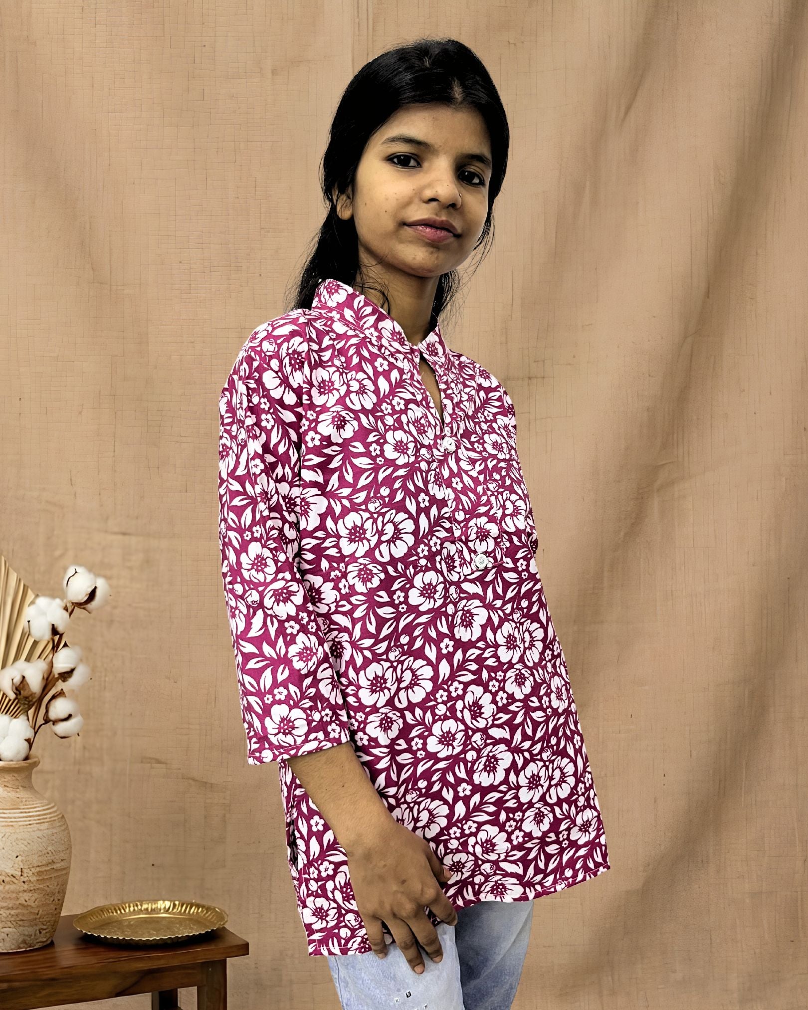 ZUNMA, Pink and White Floral Printed Cotton Short Kurti