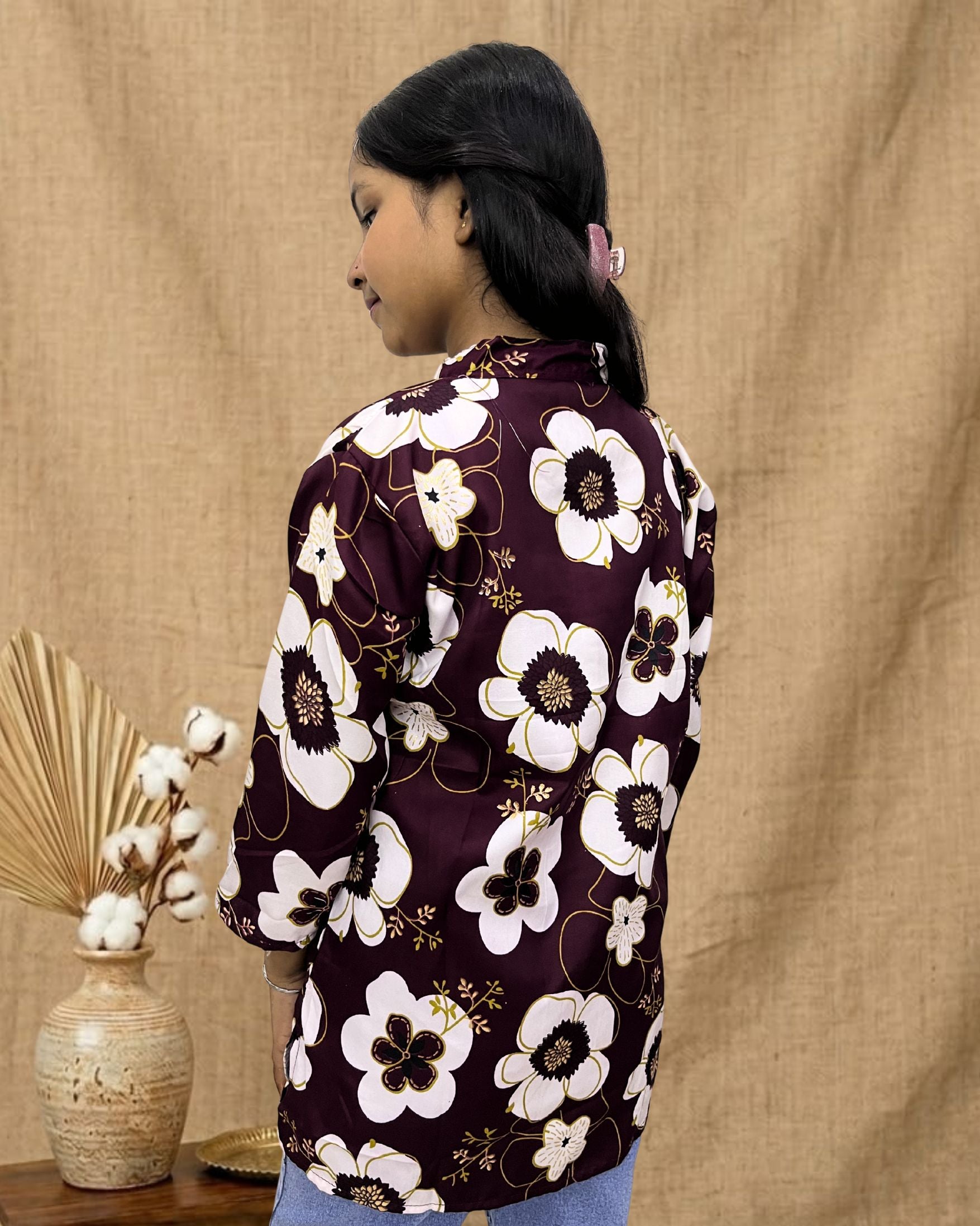 ZUNMA, Girls Floral Printed Rayon Kurti Top – Wine Purple