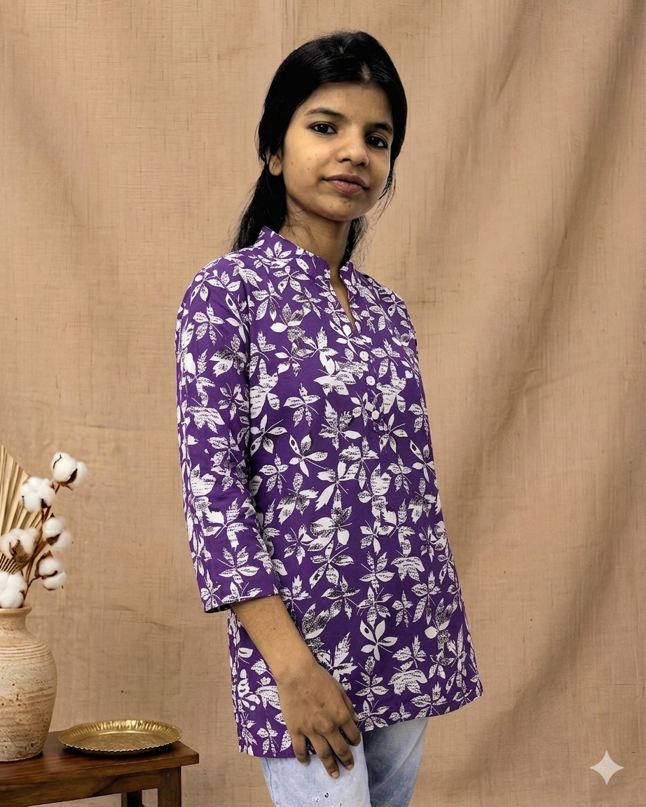 ZUNMA, Elegant Purple Floral Printed Short Kurti with Mandarin Collar