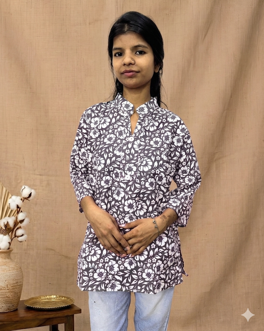 ZUNMA, Classic Grey Floral Printed Short Kurti with Mandarin Collar
