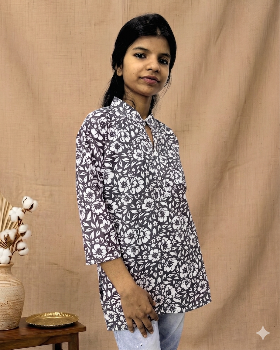 ZUNMA, Classic Grey Floral Printed Short Kurti with Mandarin Collar