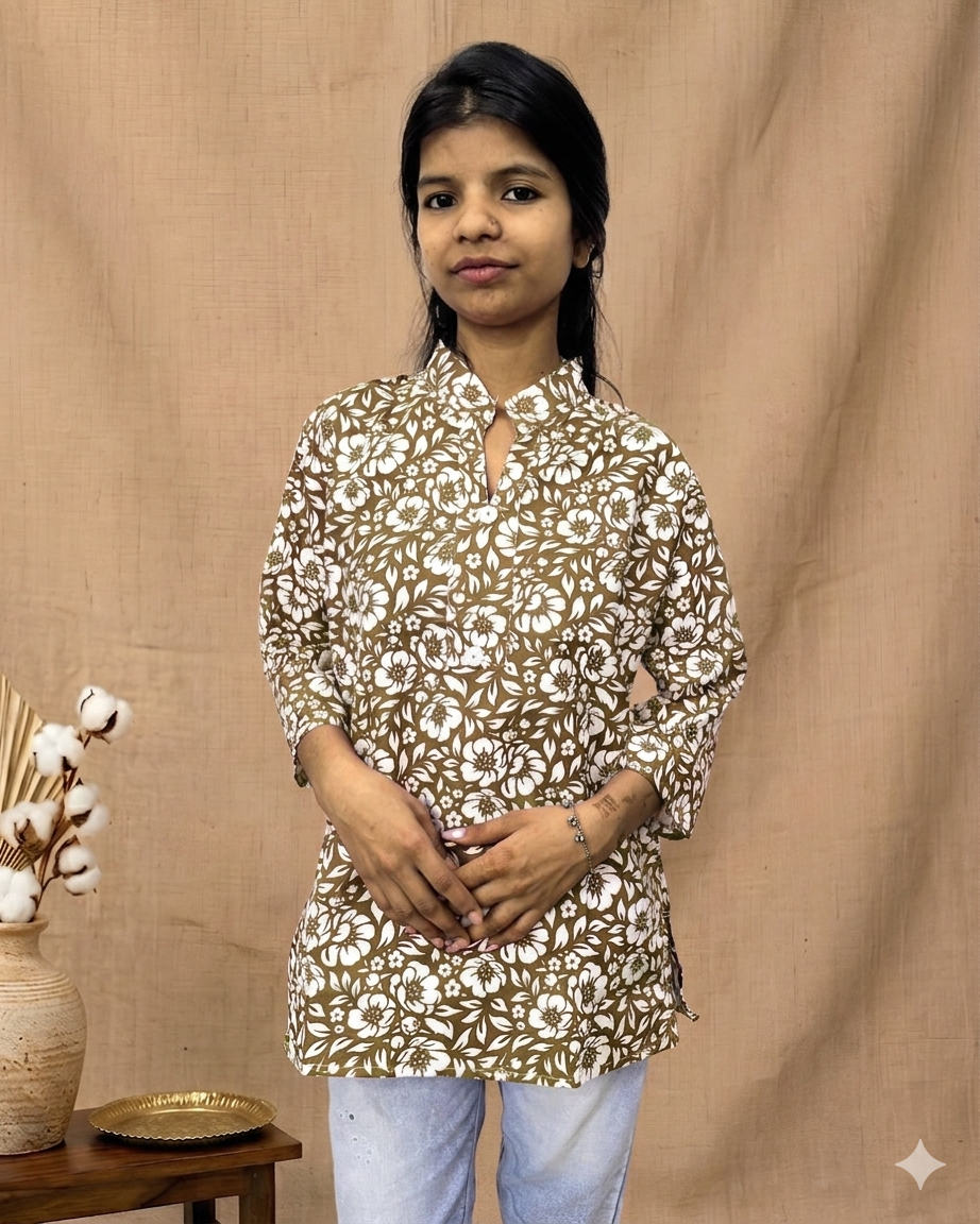 ZUNMA, Olive Green Floral Printed Short Kurti with Mandarin Collar