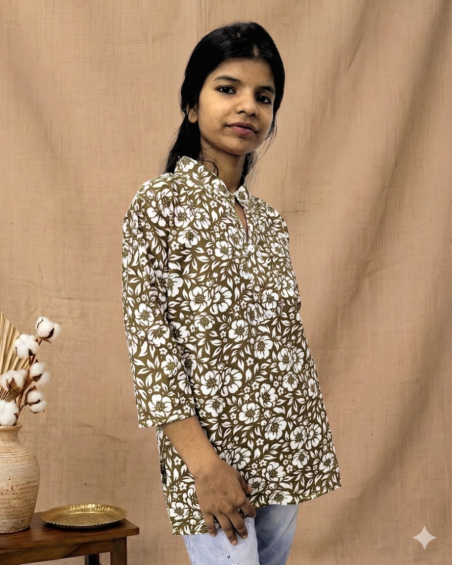 ZUNMA, Olive Green Floral Printed Short Kurti with Mandarin Collar