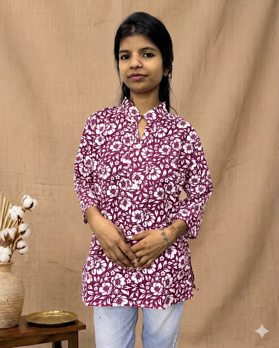 ZUNMA, Elegant Magenta Floral Printed Short Kurti with Mandarin Collar