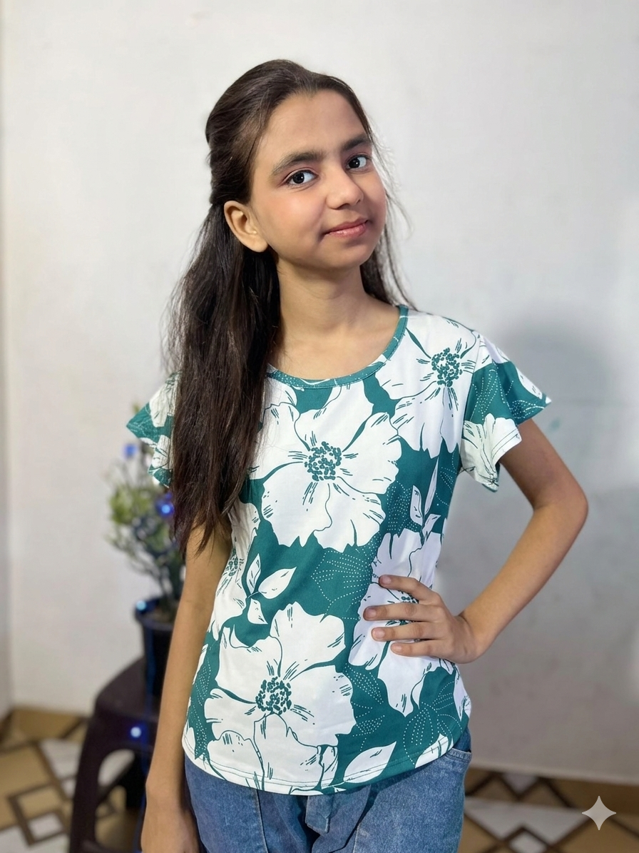 ZUNMA, Stylish Green & White Floral Print Flutter Sleeve Casual Top