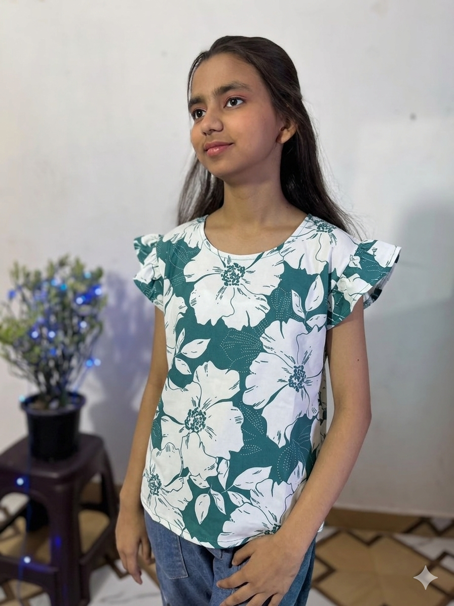 ZUNMA, Stylish Green & White Floral Print Flutter Sleeve Casual Top