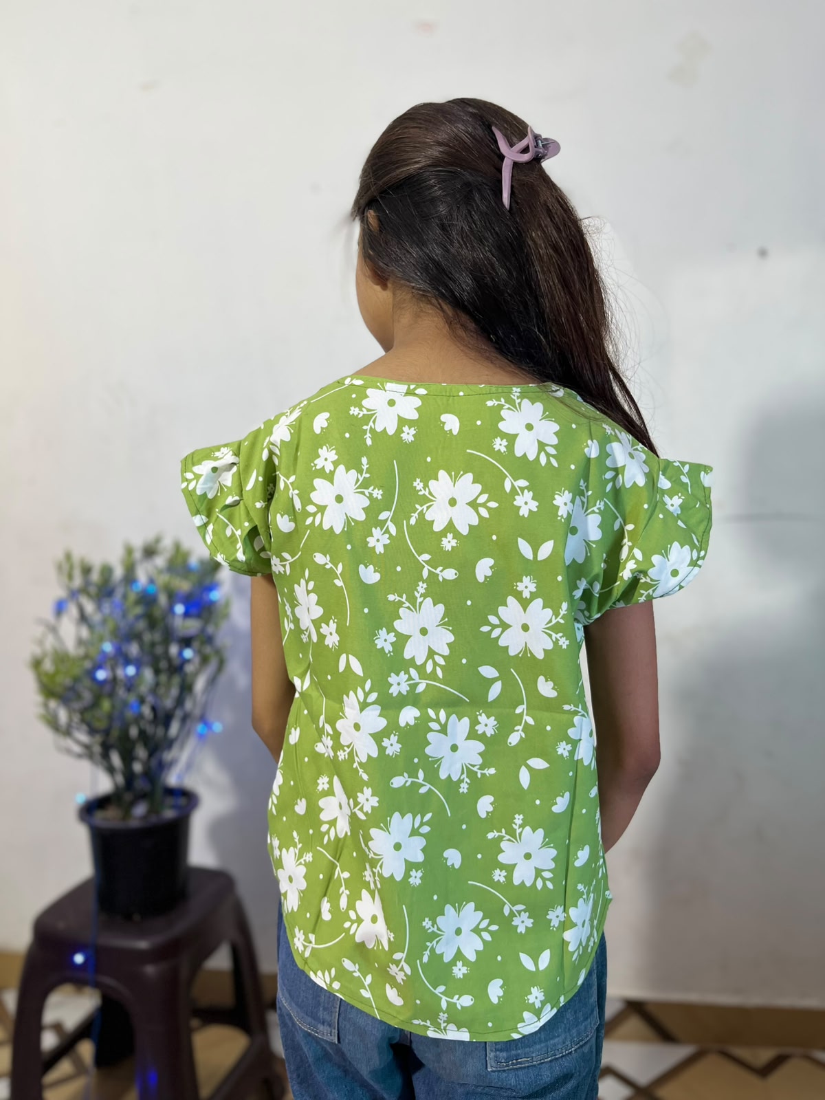 ZUNMA, Girls' Lime Green Floral Printed Casual Top with Flutter Sleeves