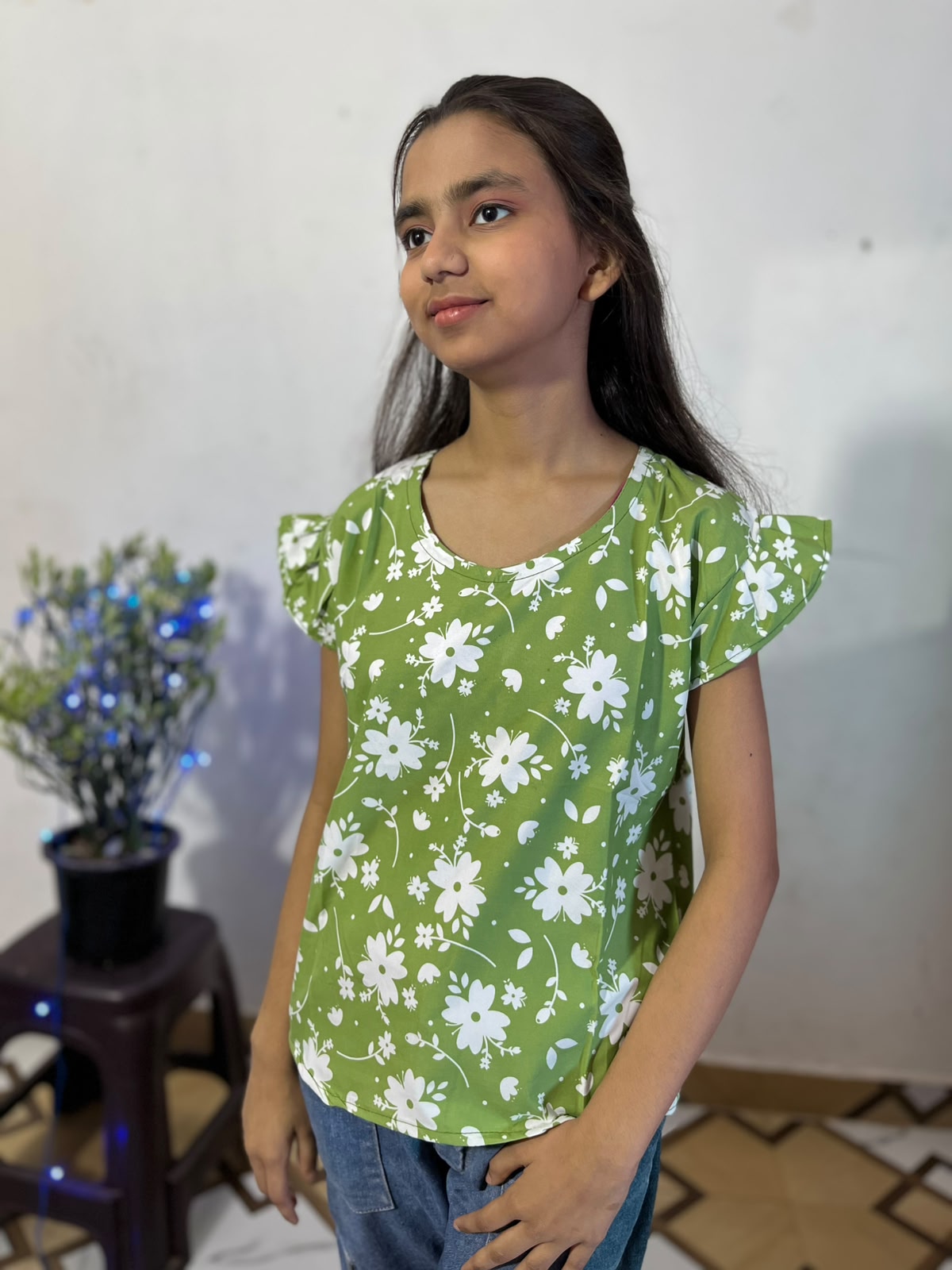 ZUNMA, Girls' Lime Green Floral Printed Casual Top with Flutter Sleeves