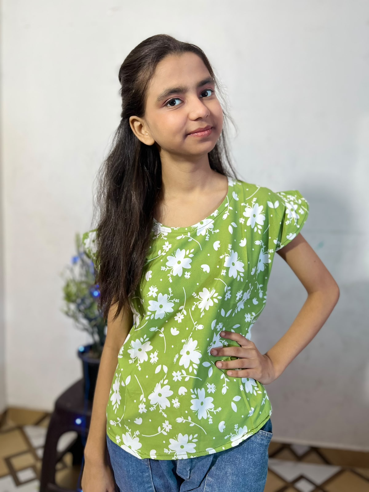 ZUNMA, Girls' Lime Green Floral Printed Casual Top with Flutter Sleeves