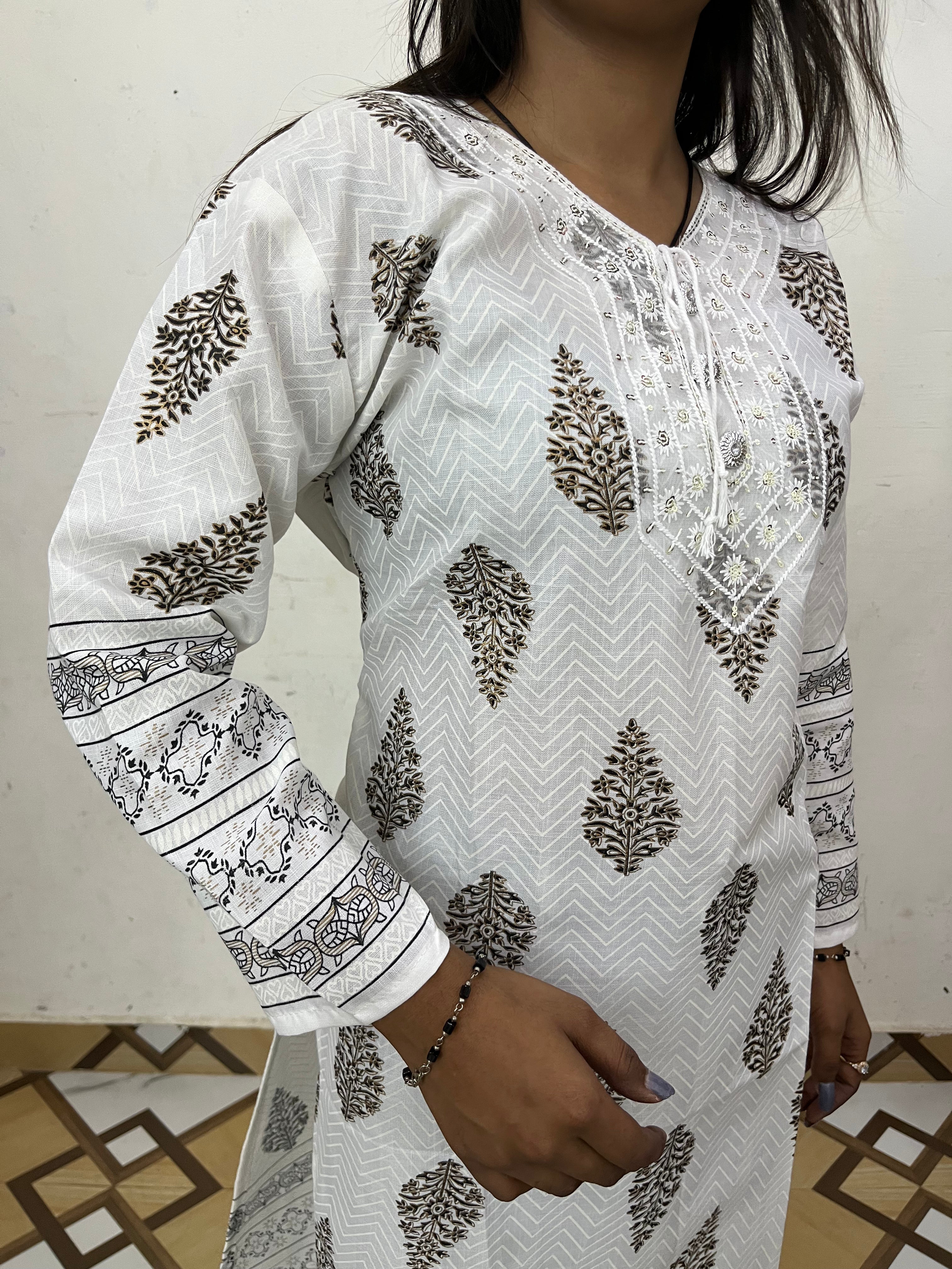 ZUNMA, Premium Off-White Silk Blend Foil Block Printed Straight Kurti