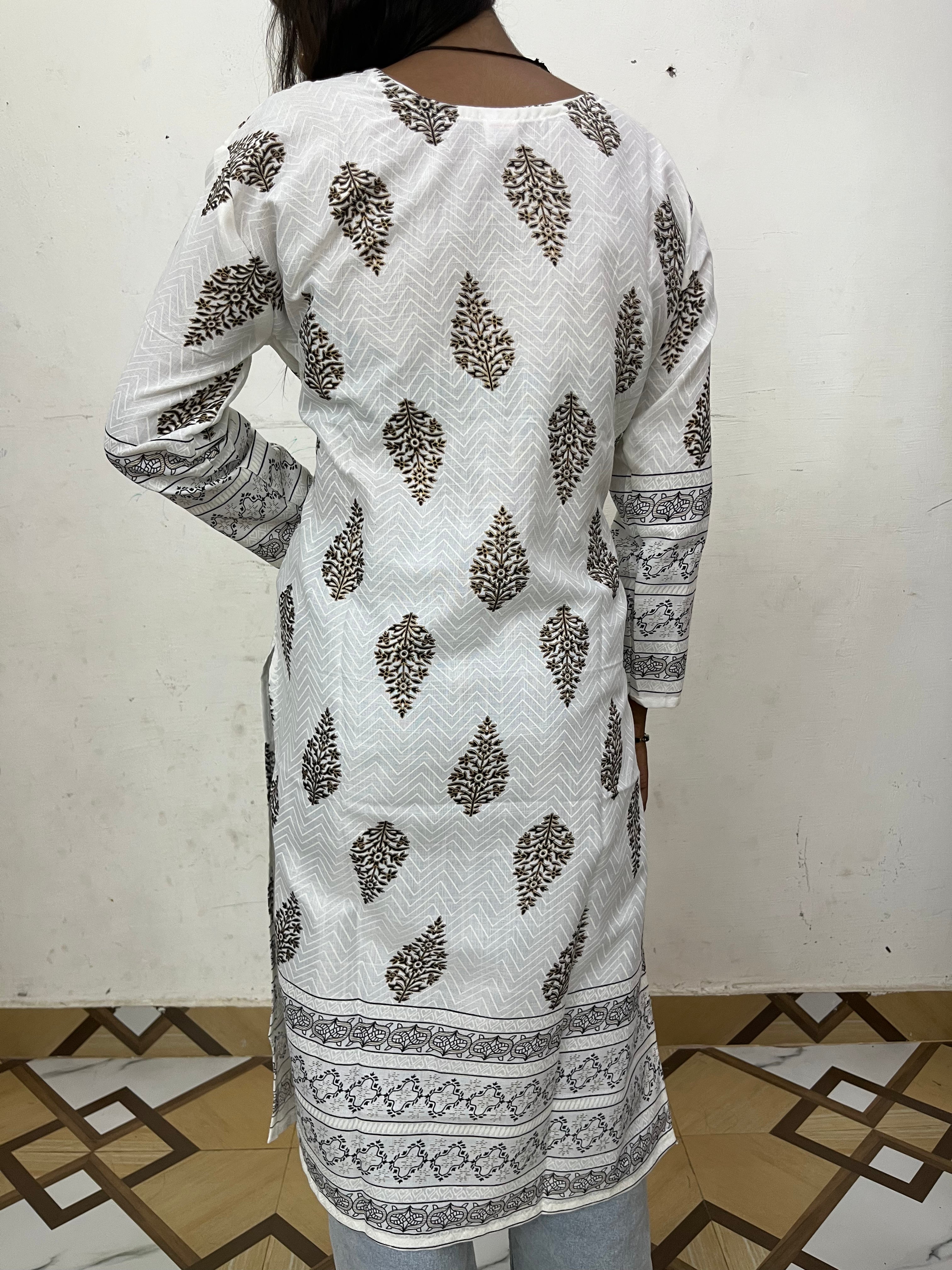 ZUNMA, Premium Off-White Silk Blend Foil Block Printed Straight Kurti