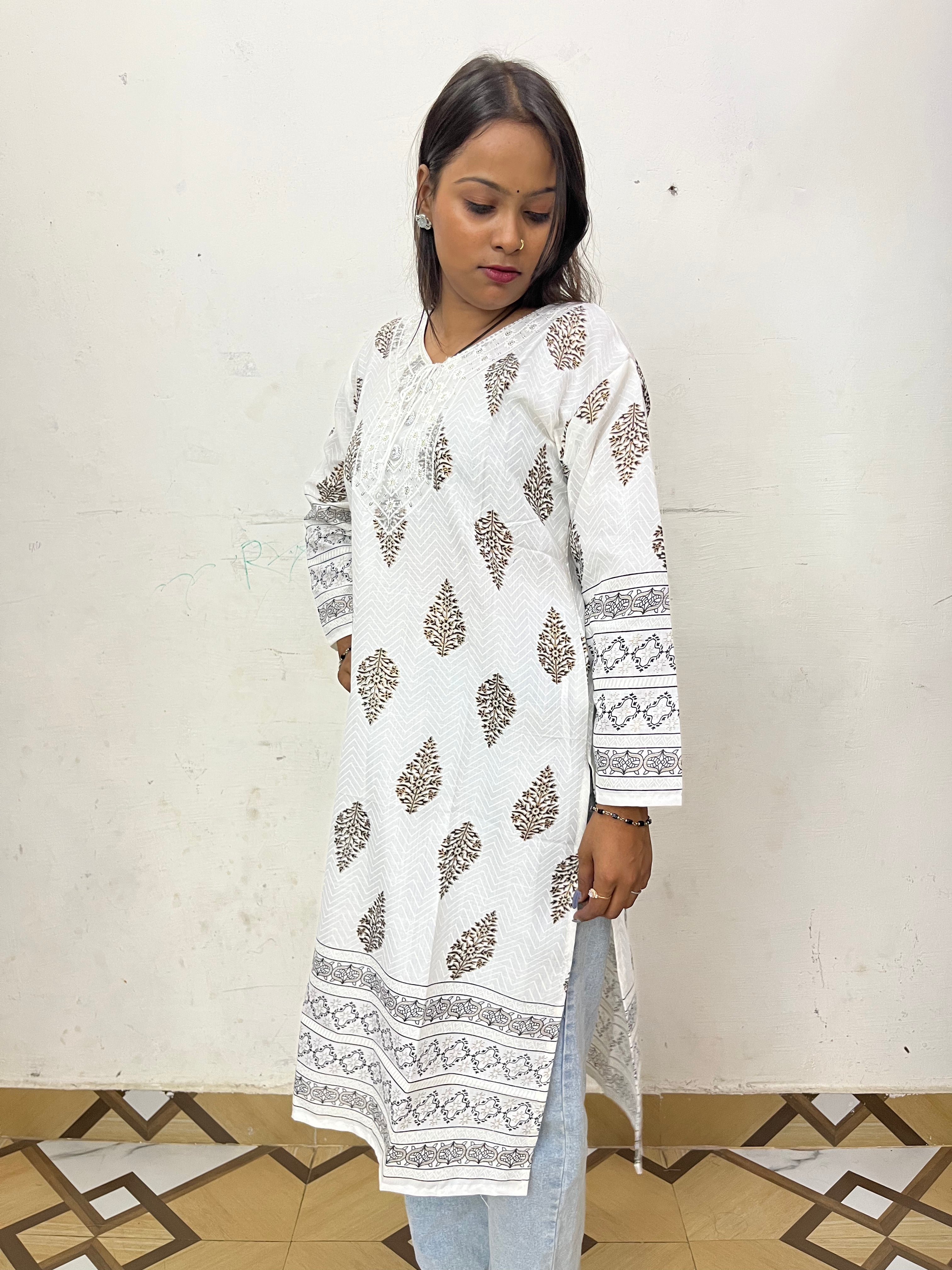 ZUNMA, Premium Off-White Silk Blend Foil Block Printed Straight Kurti