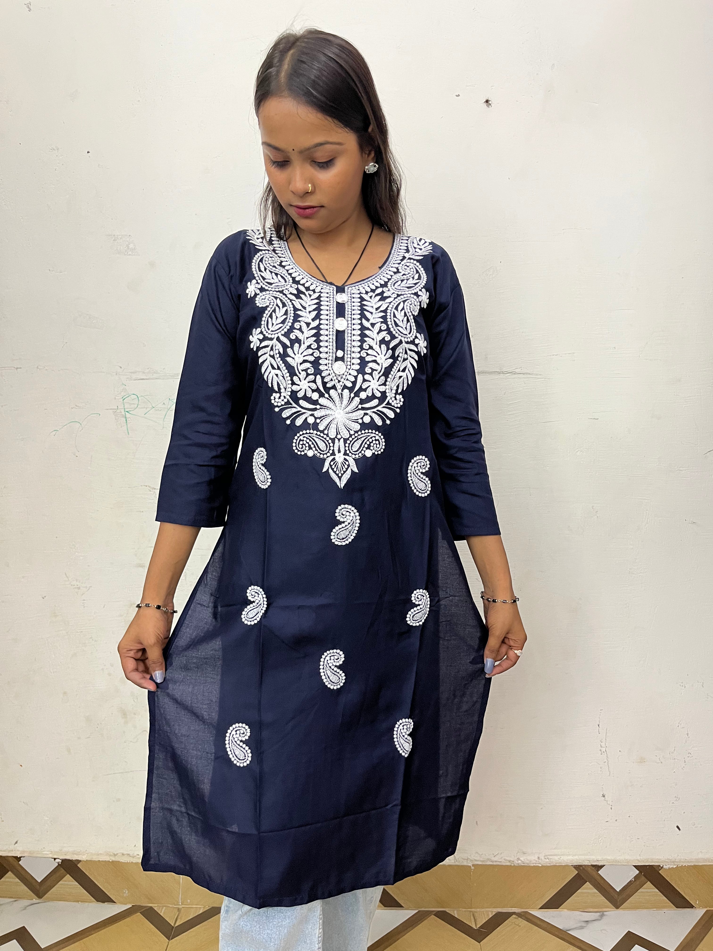 ZUNMA, Premium Navy Blue Lucknowi Chikankari Work Straight Kurti