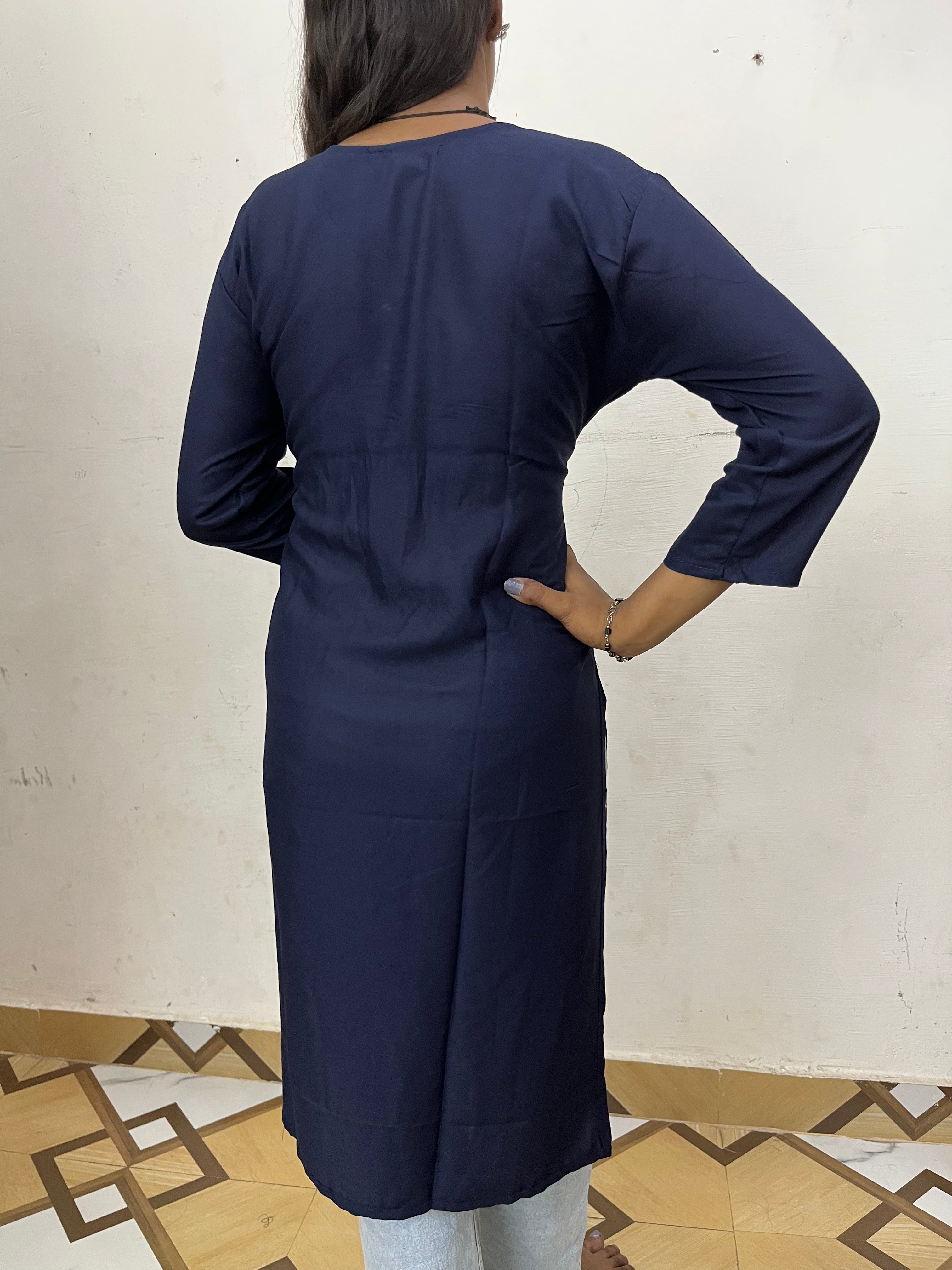 ZUNMA, Premium Navy Blue Lucknowi Chikankari Work Straight Kurti