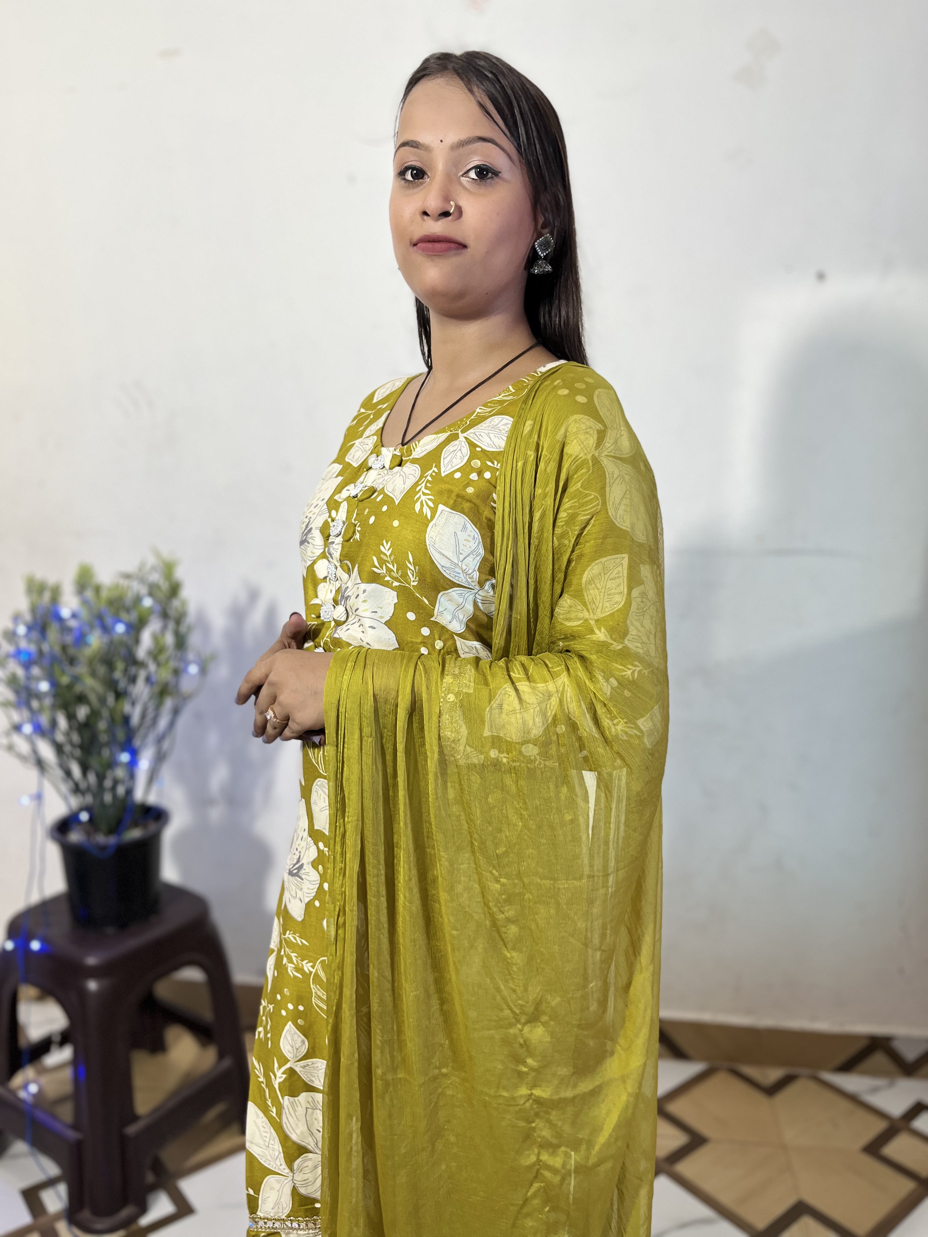ZUNMA, Premium Mustard Green Floral Printed Kurta with Salwar and Dupatta Set (3-Piece)