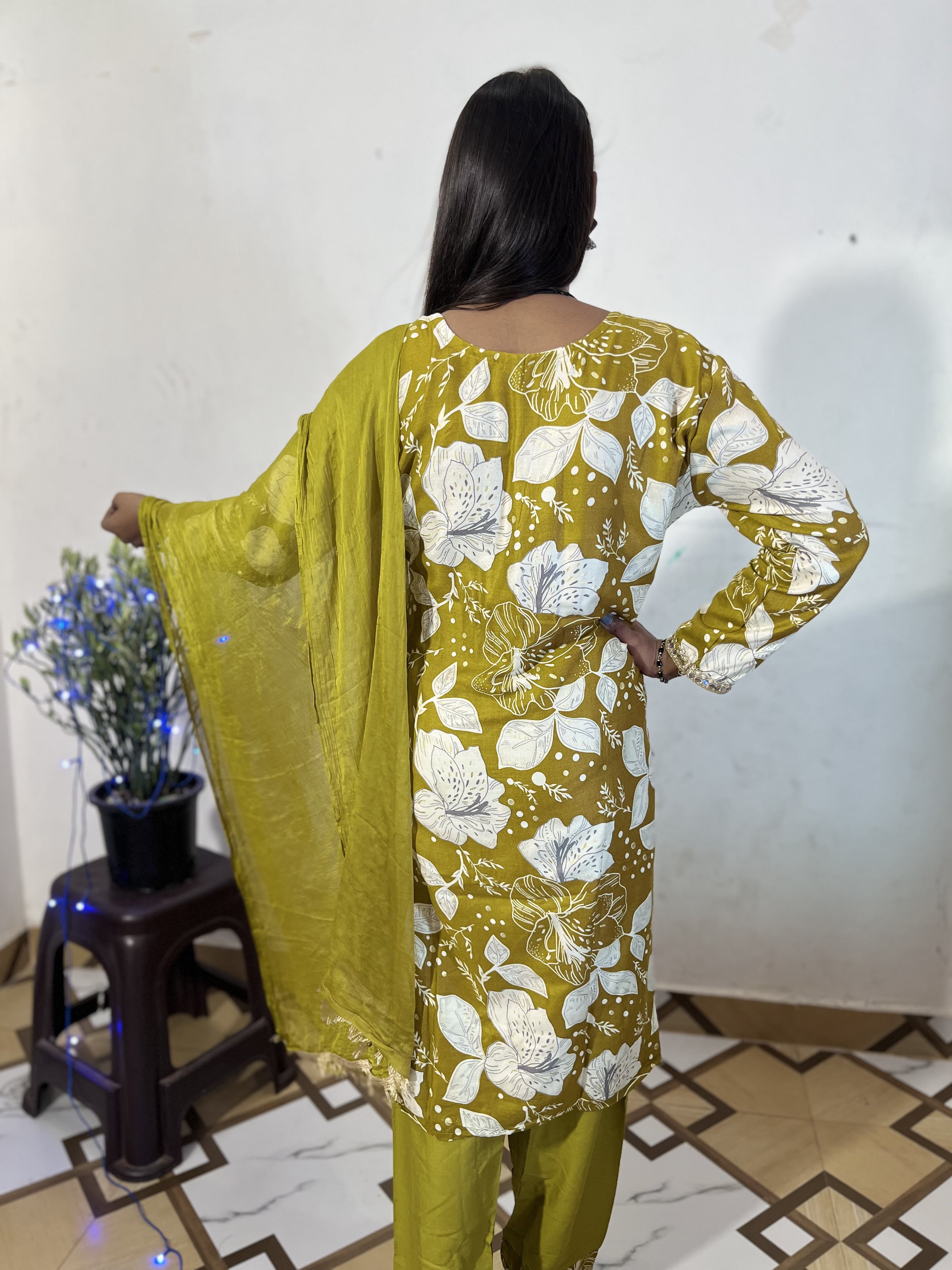 ZUNMA, Premium Mustard Green Floral Printed Kurta with Salwar and Dupatta Set (3-Piece)