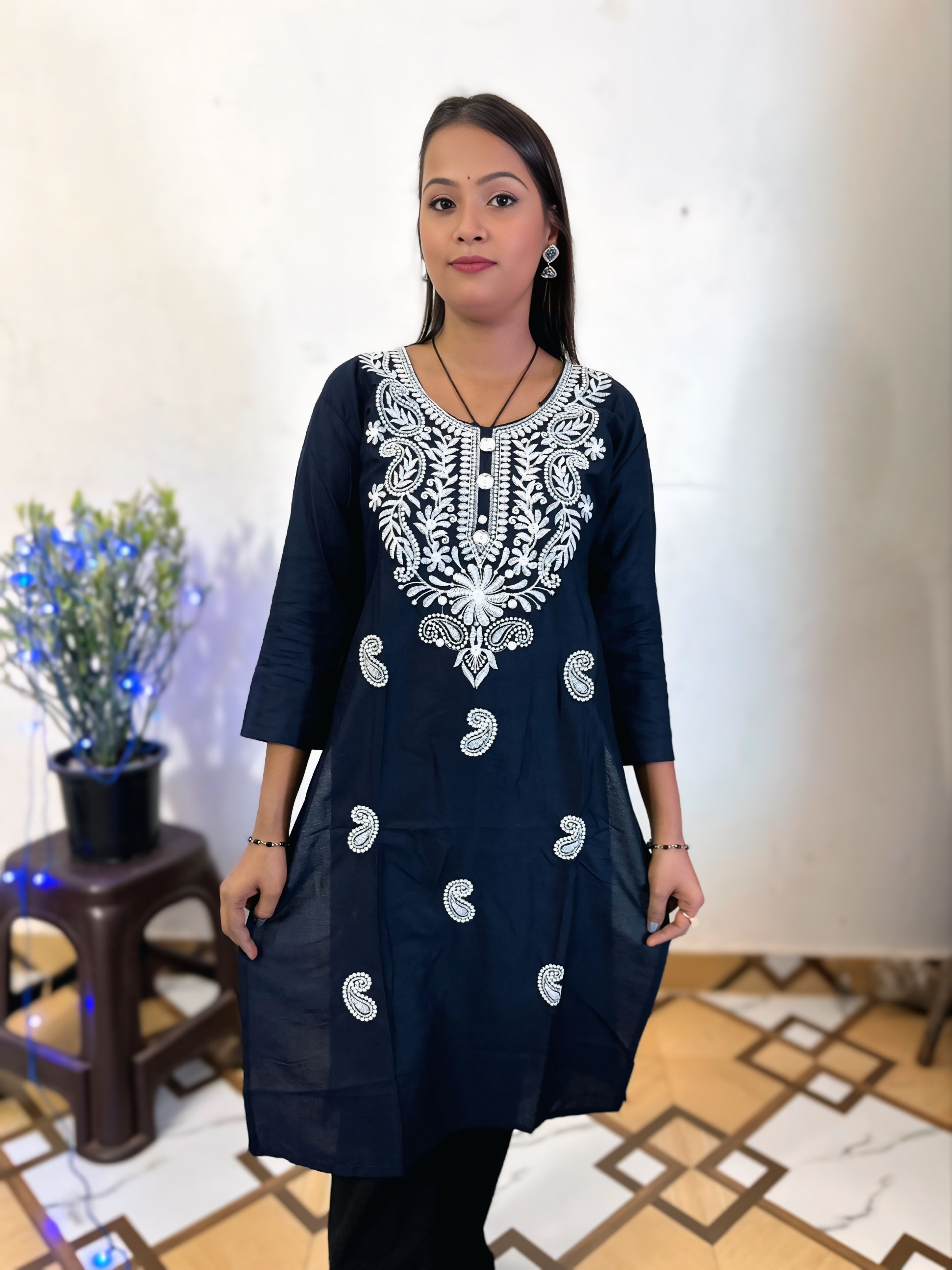 ZUNMA, Premium Navy Blue Lucknowi Chikankari Work Straight Kurti