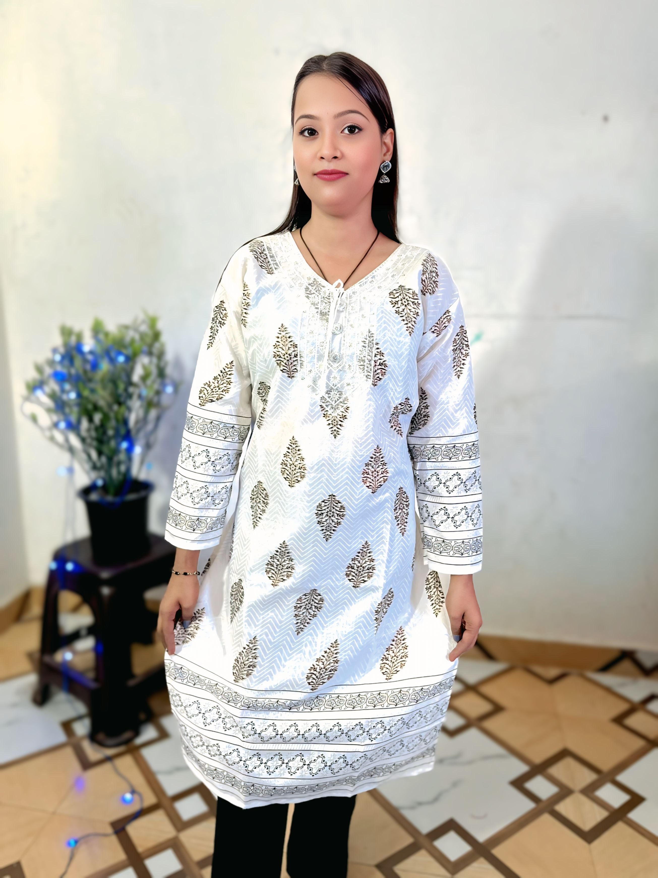 ZUNMA, Premium Off-White Silk Blend Foil Block Printed Straight Kurti