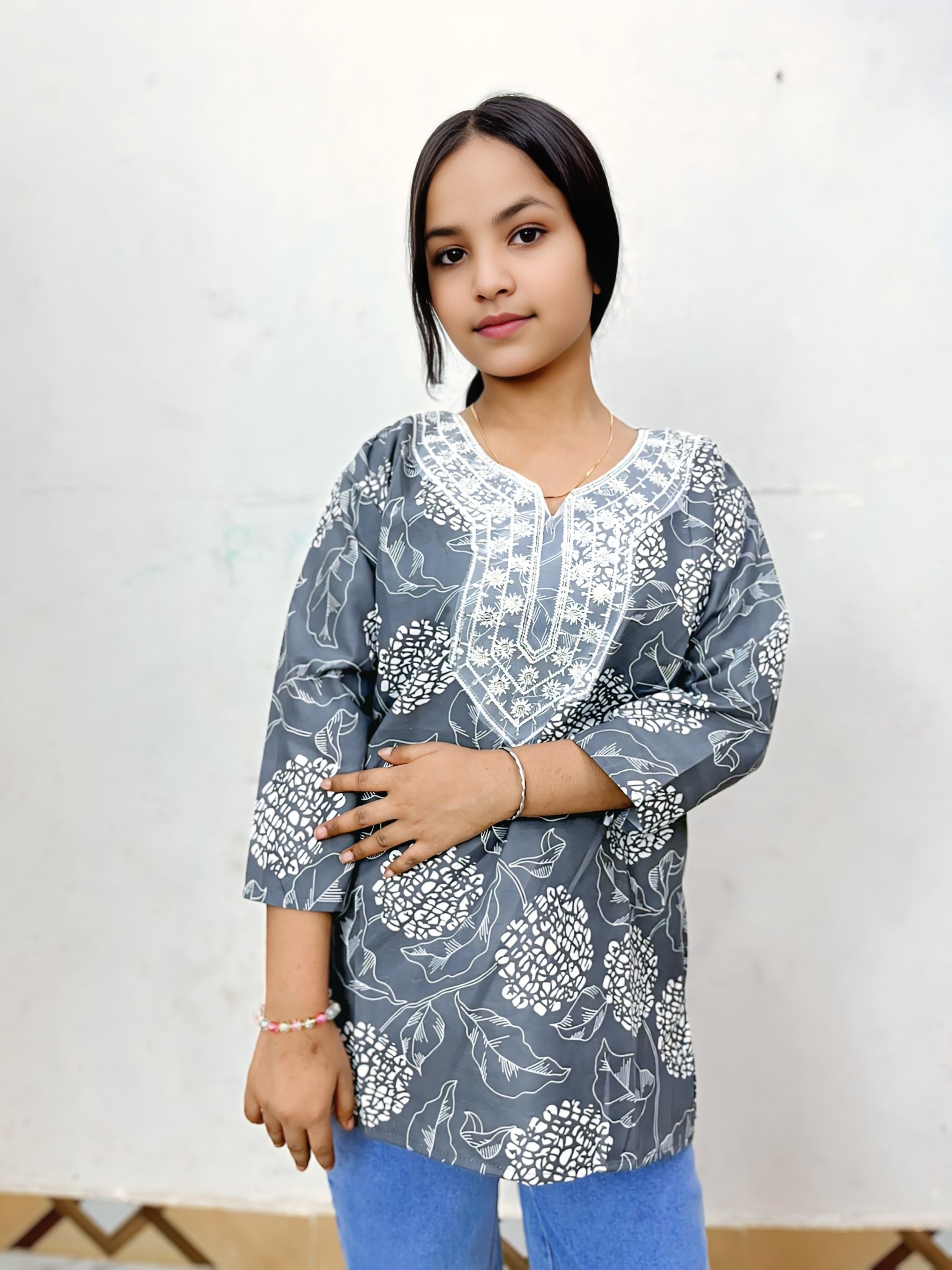 ZUNMA, Premium Grey Cotton Floral Printed Short Kurti Tunic for Women