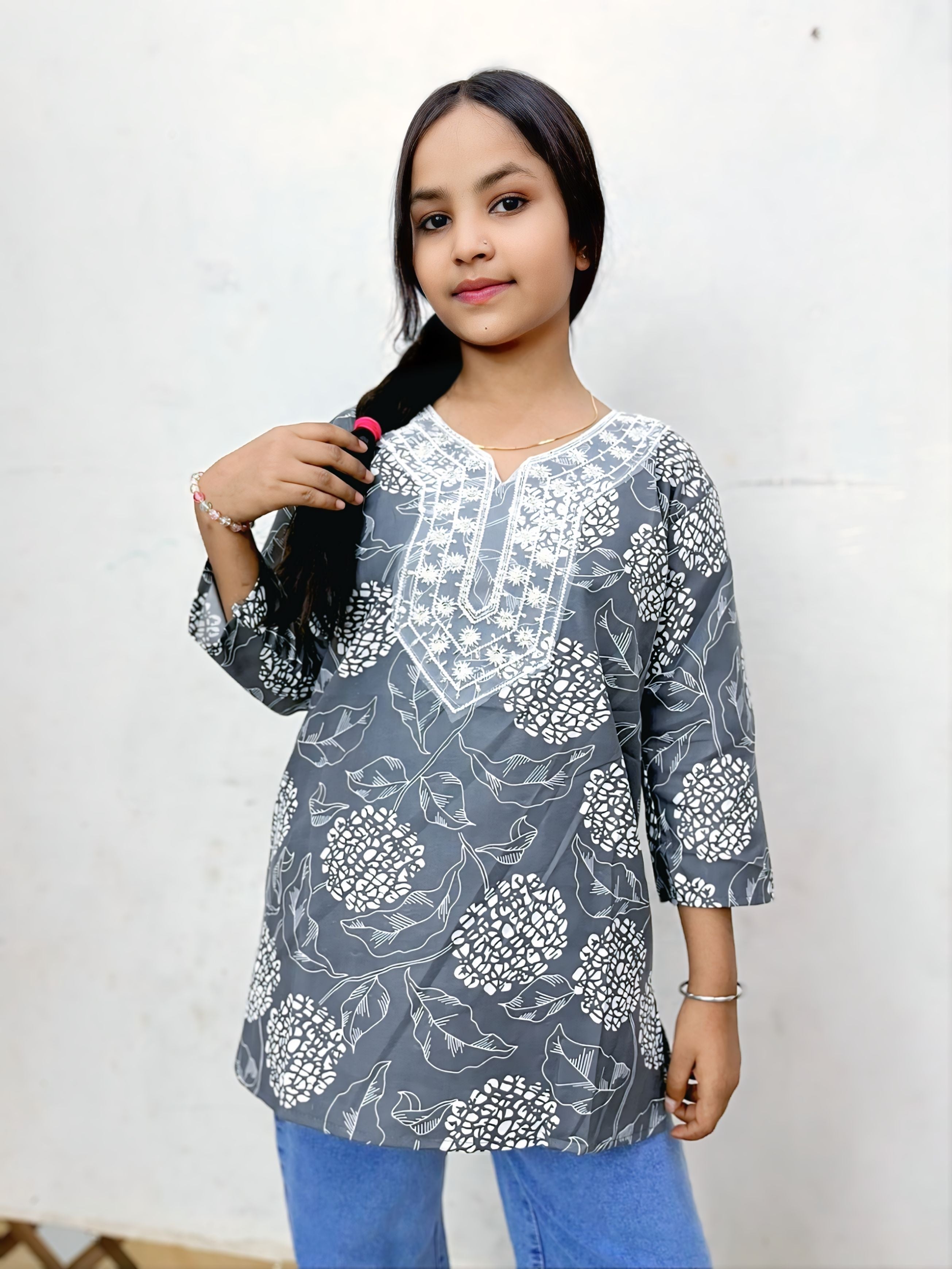 ZUNMA, Premium Grey Cotton Floral Printed Short Kurti Tunic for Women