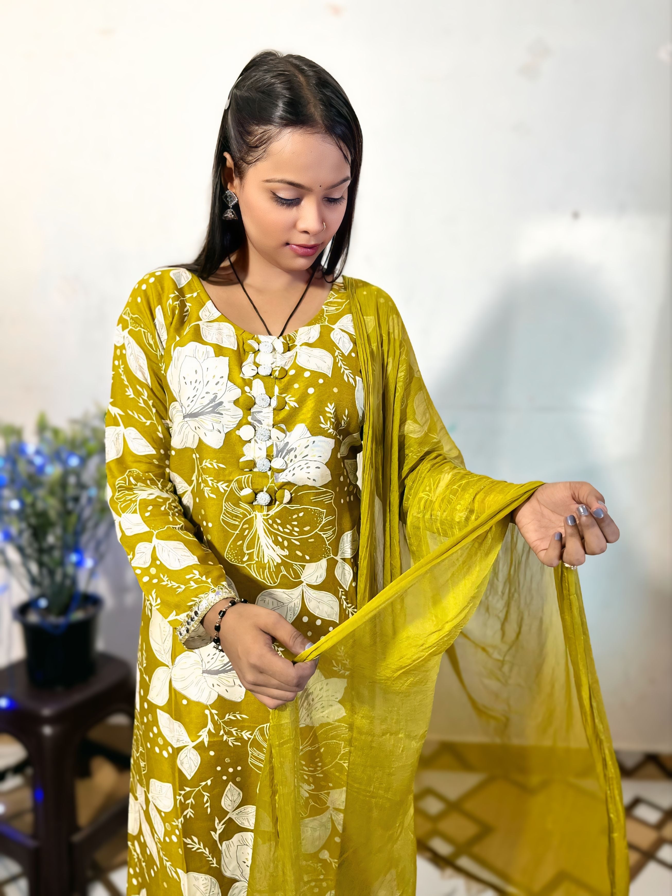 ZUNMA, Premium Mustard Green Floral Printed Kurta with Salwar and Dupatta Set (3-Piece)