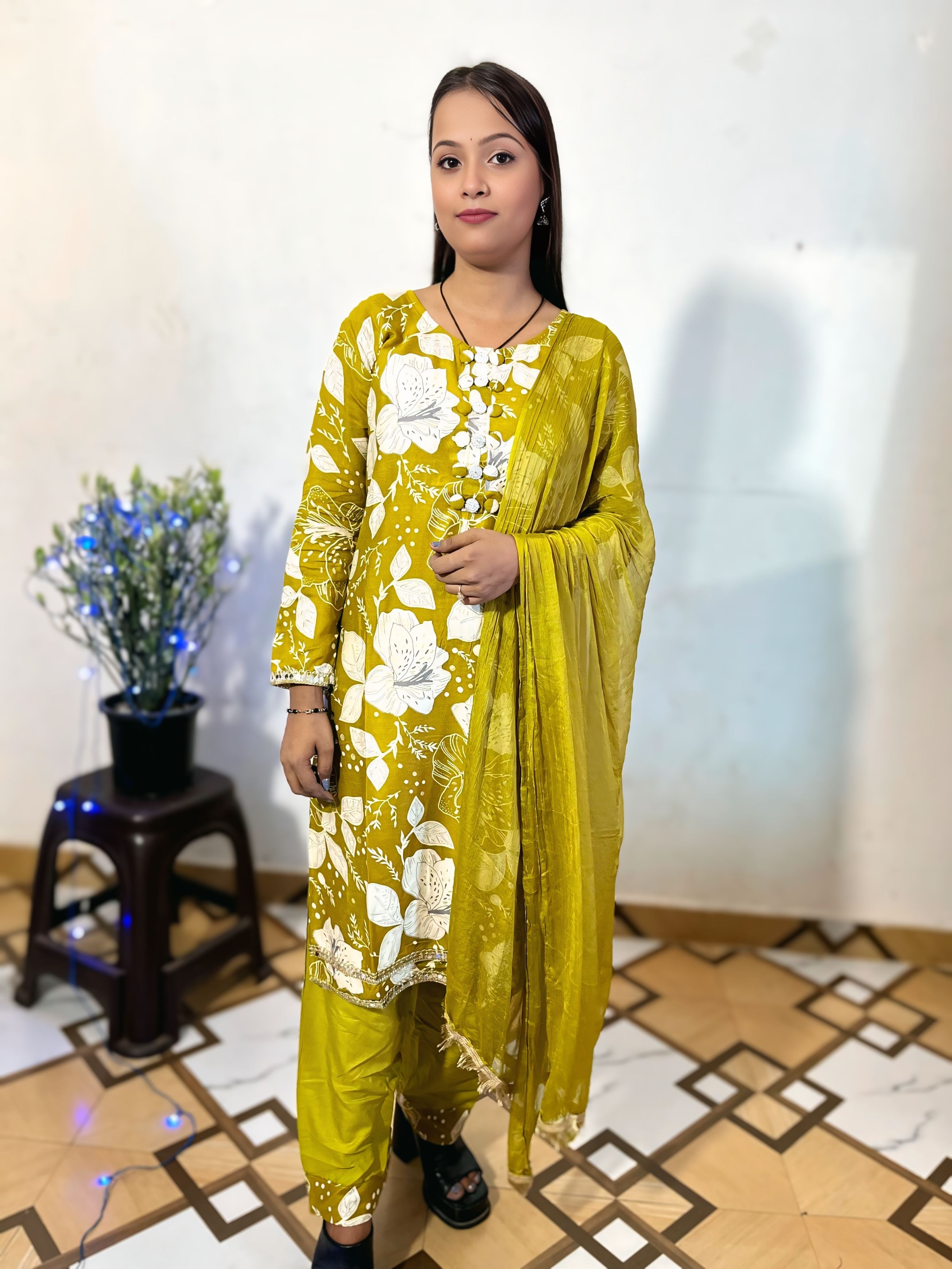 ZUNMA, Premium Mustard Green Floral Printed Kurta with Salwar and Dupatta Set (3-Piece)